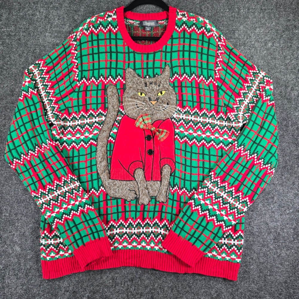 33 Degrees Men XXL Ugly Christmas Sweater Cat Applique Green Red Plaid Cotton